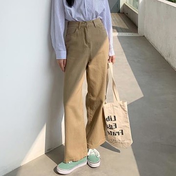 日系卡其色直筒牛仔褲女高腰顯瘦胖mm大碼闊腿褲小個子百搭休閑褲