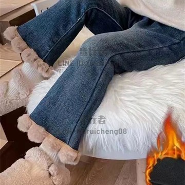 女童一體絨牛仔褲秋冬裝女寶寶休閑洋氣加絨外穿喇叭長褲【步行者戶外生活館】