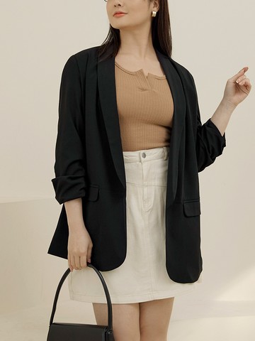 職場OL．雪紡抓皺七分袖長版西裝外套