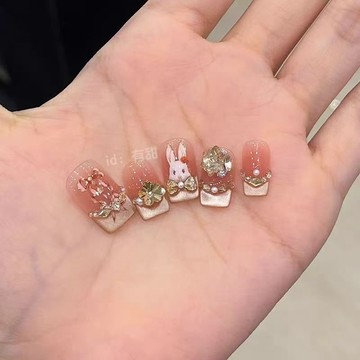臺灣出貨🤩【靈兔月遙】法式貓眼穿戴甲純手工可愛穿戴款美甲輕奢爆款指甲貼