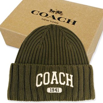 COACH 字母LOGO羊毛100%毛帽附禮盒(橄欖綠)