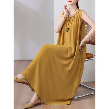 純色沙灘法式棉綢夏季背心連衣裙無袖人造棉長裙寬松度假新款顯瘦