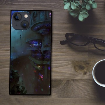 神秘霓虹光芒的宇宙深海城市 方形手機殼【強化玻璃】適用於 iPhone16