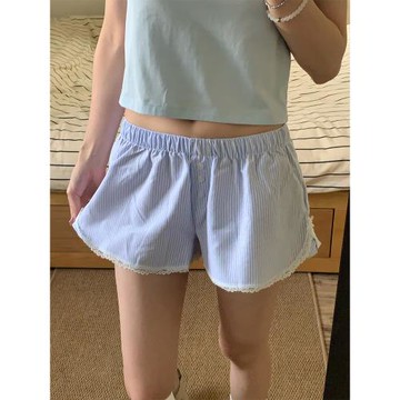 慵懶糖心~蕾絲花邊bm少女條紋休閑短褲女居家熱褲睡褲三分褲夏季