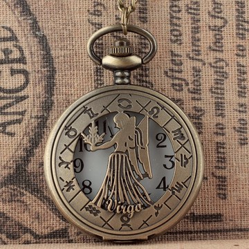 十二星座處女座中老年禮品復古翻蓋男女石英懷表學生老人時尚掛表