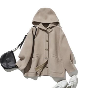 輕暖連帽外套 羊毛外套 米色 241206-5