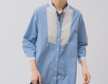 法式復古 藍白撞立領風琴褶 棉質襯衫式洋裝