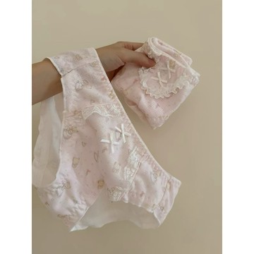 Muun Studio 木馬小熊/甜美粉色卡通少女可愛蕾絲邊內褲純棉襠中腰學生三角褲