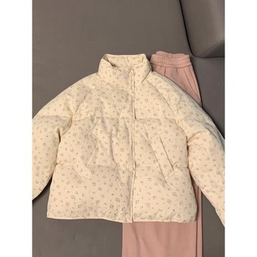90白鴨絨短款粉色碎花羽絨服女冬季2024新款超級好看面包服小個子
