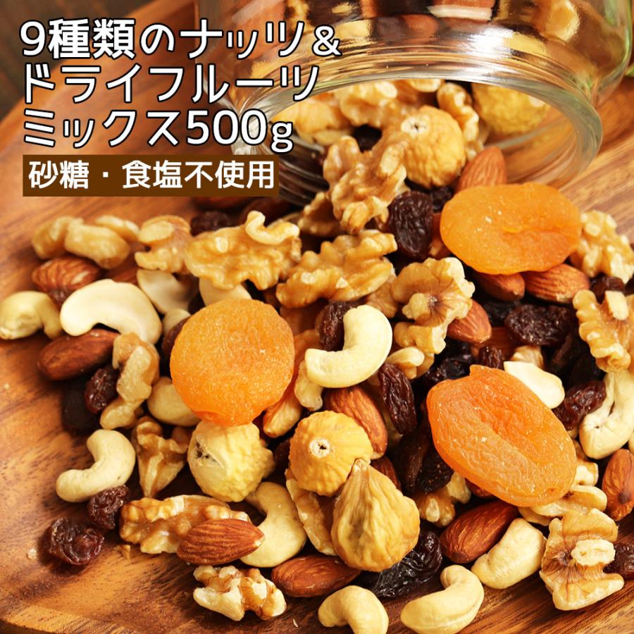 大地の生菓  ナッツ ドライフルーツ 9種類のナッツ＆ドライフルーツ ミックス 500ｇ 砂糖不使用 送料無料 クリスマス ギフト プレゼント 2023