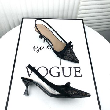 尖頭后空涼鞋今年新款2025年夏黑色蕾絲網紗蝴蝶結絕美高跟鞋細跟