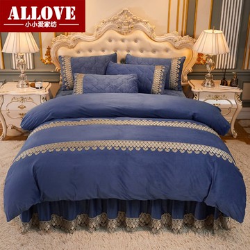 水晶絨短毛絨帶床裙四件套珊瑚絨法蘭絨冬季蕾絲裙式床罩單件