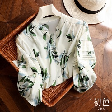初色 綠葉印花薄款雪紡壓褶圓領燈籠袖襯衫上衣女上衣-花色-36287(M-3XL可選)