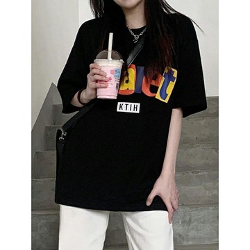 美式復古潮流純棉短袖正肩t恤女夏季新款設計感小眾寬松上衣體恤