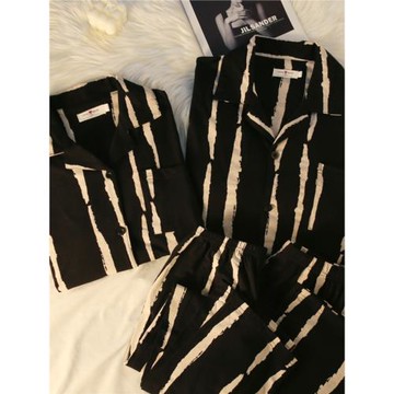 ins條紋情侶睡衣女春秋款長袖純棉黑色高級感男士家居服夏季套裝