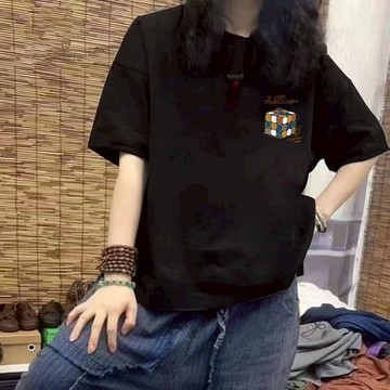 伊人衣舍 純棉 短袖t恤女 夏季衣服 印花 T恤 减齡上衣 衣服 寬鬆上衣 韓版百搭寬鬆中長款短袖上衣 印花短袖上衣