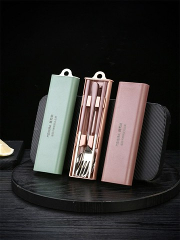 便攜餐具不銹鋼筷子勺子三套裝單人裝學生上班旅行可愛外帶收納盒