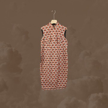 二手 橘白黑 鏤空 洞洞 刺繡 開衩 無彈性 古董 無袖 旗袍 CA1124