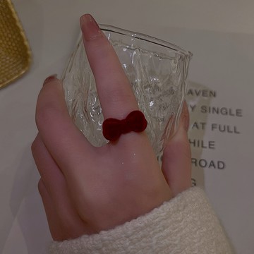 紅色植絨蝴蝶結戒指女小眾設計開口戒韓國東大門ins森系時尚指環