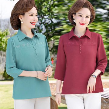 中年女士上衣寬松夏裝新款襯衣媽媽七分袖t恤薄款中老年全棉衣服