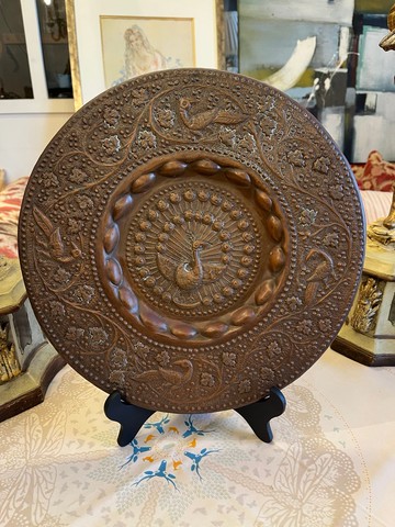 英國近代精美手工雕刻銅盤孔雀樣式