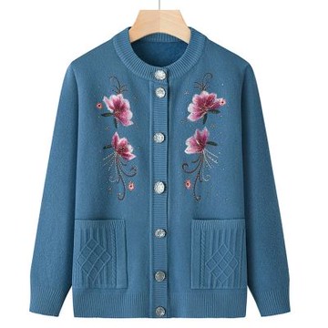 [米蘭精品] 現貨+預購 高級針織衫上衣秋冬毛衣開衫寬鬆大碼休閒女裝媽媽裝-圓領花卉刺繡女外套4色74mo79