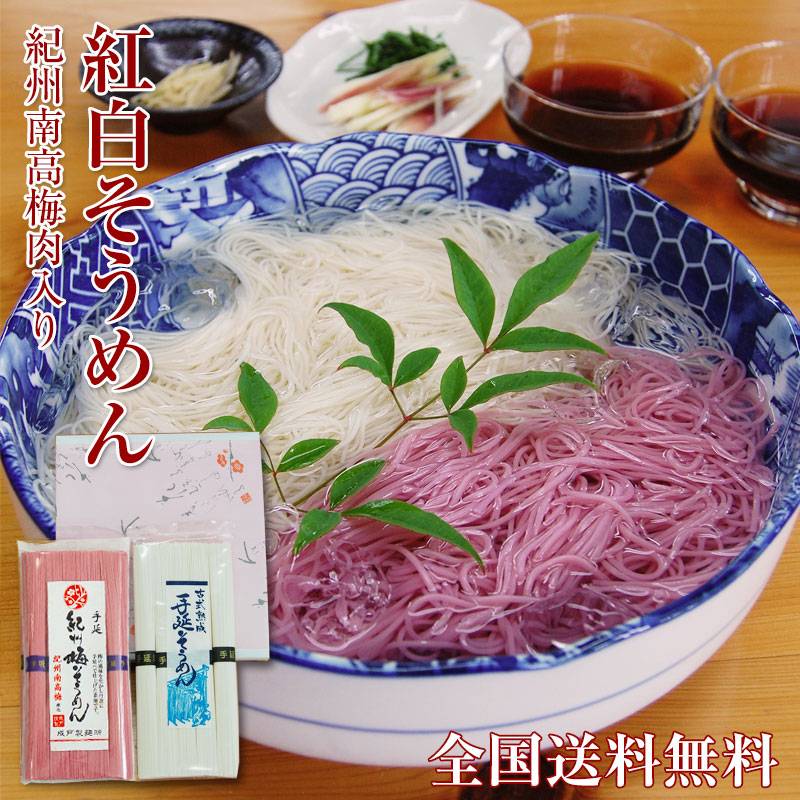 古式熟成 手延べ 紅白そうめんセット 500g（2袋セット） 南高梅肉入 梅そうめん＆熟成そうめんセットネコポス便