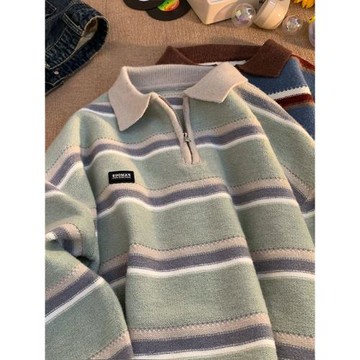 日系復古條紋半拉鏈polo領毛衣男女冬季寬松慵懶風小眾設計感上衣