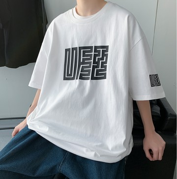 FINDSENSE X 韓潮 個性迷宮圖案印花 寬鬆大尺碼 男士 純棉 短袖T恤