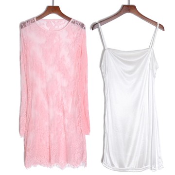 甜美瑞麗兩件套套裝蕾絲連衣裙子中長裙長袖薄款