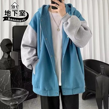 地下室B1-情侶外套 港風百搭拼接寬鬆連帽外套 男生衣服 棒球外套 情侶裝 潮流ins 加絨【NL683097】