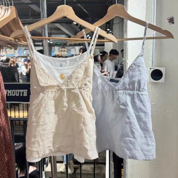 Brandy棉麻雙蝴蝶結V領系帶吊帶衫花邊背心女bm甜美無袖顯瘦上衣