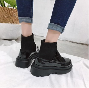 靴子 馬丁靴女英倫短靴毛線口加絨棉鞋鬆糕底短筒靴子  年終鉅惠 可開發票