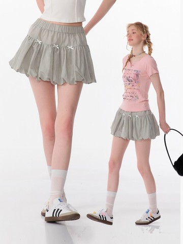 ziziFei夏季美式復古設計感蝴蝶結松緊腰灰色a字花苞裙半身短裙女