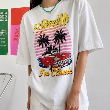 MANIFEST .kr正韓水洗長版上衣 椰子樹車車 韓國女裝 韓國棉t 寬鬆大t 長版上衣 新品現貨