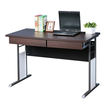 Homelike 喜家居120cm辦公桌-附抽屜x2(1222)胡桃桌面/炫灰桌腳/飾板白