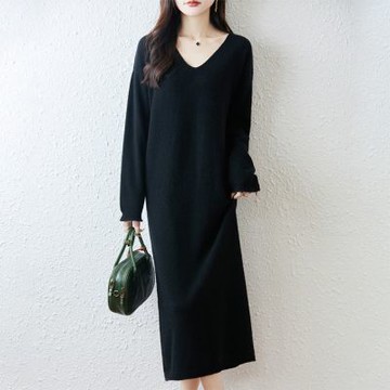 【米蘭精品】現貨+預購 100%羊毛衣針織衫發熱衣長袖保暖內搭加絨寬鬆大碼休閒-V領捲邊女連衣裙5色74nc97