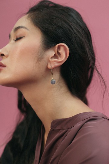 融彩水滴玻璃珠 黃銅彎月耳鉤 湛藍