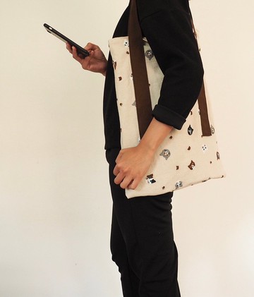 手工製作 可愛刺繡貓貓 棉麻帆布托特包 側肩袋