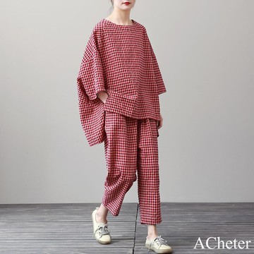 【ACheter】大碼七分袖方圓領棉麻感九分褲套裝寬鬆文藝復古格子2件式# 122868(現貨+預購)