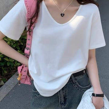 M-4XL 大尺碼純棉短袖T恤夏季新款休閑寬松慵懶正肩遮肚子百搭v領上衣