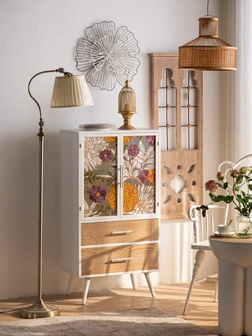 美式實木斗櫃復古彩繪玻璃門餐邊櫃子民宿客廳玄關輕奢收納儲物櫃110YJ 公司貨 快速寄出