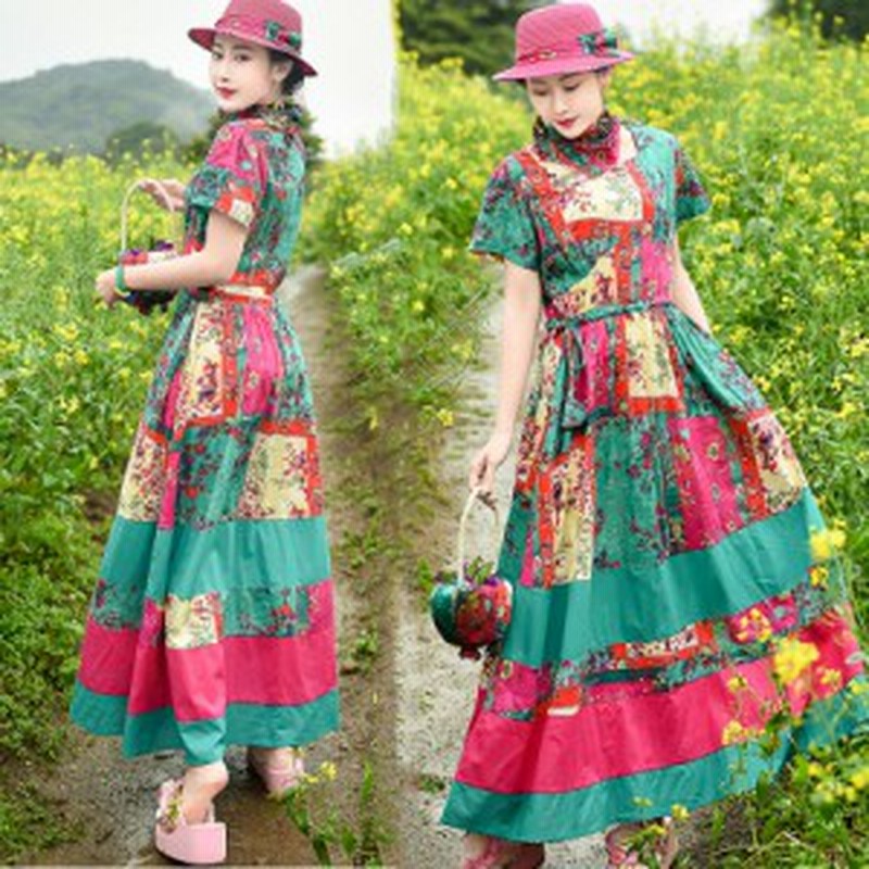 ワンピース レディース 花柄ワンピース 楽チンワンピース ウエストゴム エスニック スクエアカラー 半袖 ロングスカートフレア 通販 Lineポイント最大1 0 Get Lineショッピング