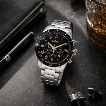 【Citizen 星辰】AN8168-51H 真三眼 黑金計時 夜光 日期 不鏽鋼 手錶 44mm