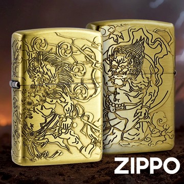 ZIPPO 4面風神雷神(金)防風打火機 金色機身 雙面蝕刻工藝 風神 雷神  終身保修 ZA-6-J24