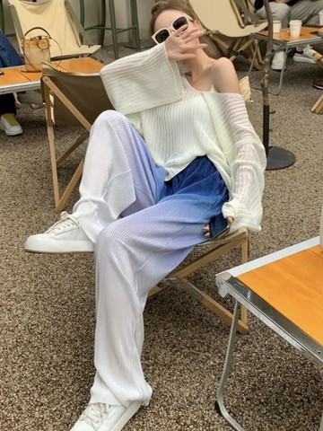 冰絲闊腿褲女夏季薄款漸變藍色百褶高腰垂感直筒垂感寬松拖地褲子