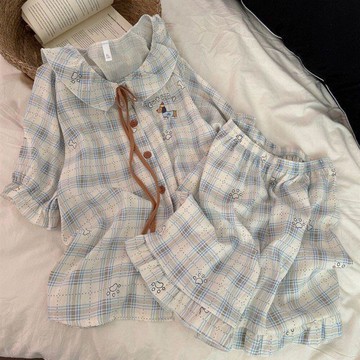Xuan♥睡衣女日系可愛藍格紋小狗夏季新款學生短袖短褲家居服套裝可外穿