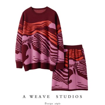 眼前一亮！復古酒紅抽象提花廓形密織毛衣短褲純山羊絨套裝2024冬