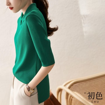 初色  簡約純色襯衫領針織上衣-共3色-66333(F可選)