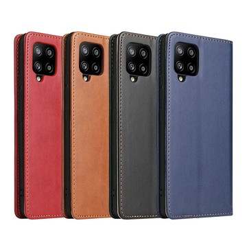 Fierre Shann 真皮紋 Samsung A42 5G (6.6吋) 錢包支架款 磁吸側掀 手工皮套保護殼-黑色